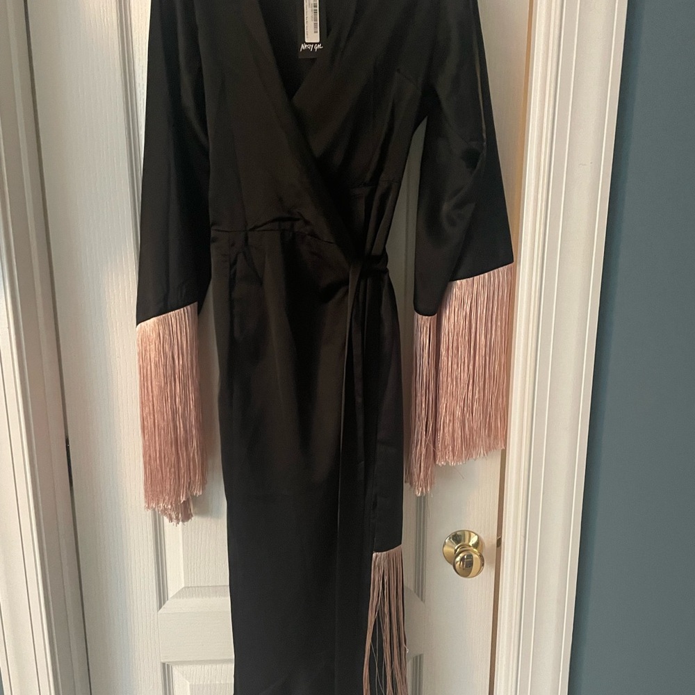 Nasty Gal Black and Pink Wrap Gown with Bell Sleeves